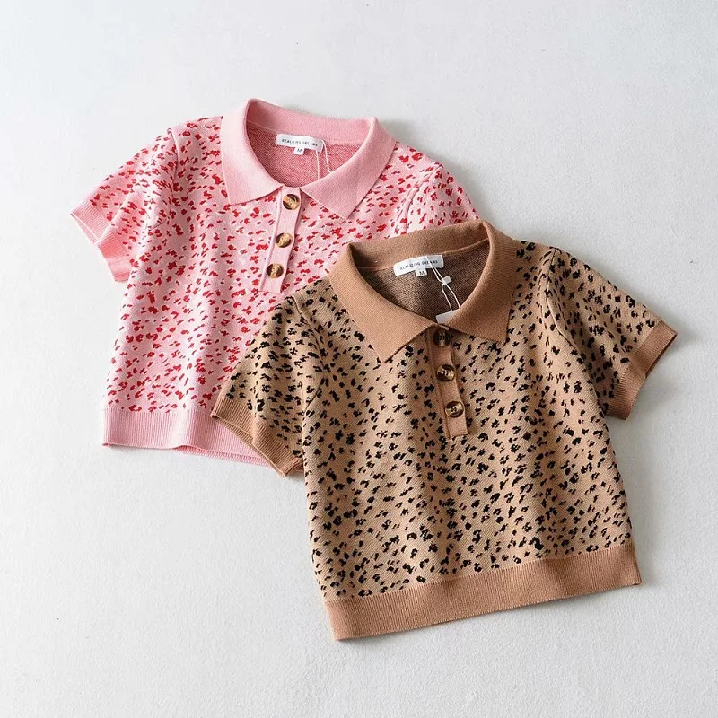 Женская трикотажная Укороченная рубашка-поло леопардовая рубашка с отворотом и