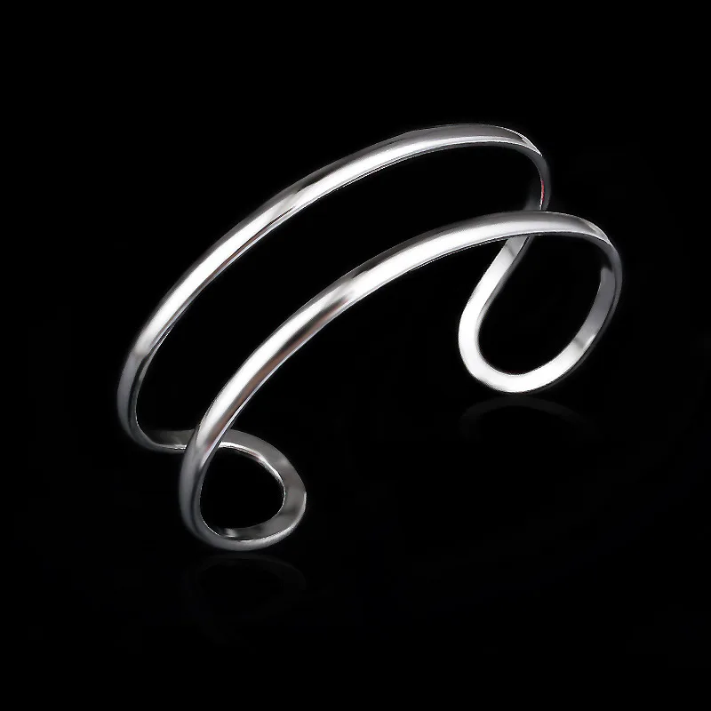 OMHXZJ Wholesale Personality Fashion Unisex Party Gift Silver Hollow Two Lines 925 Sterling Silver Cuff Bangle Bracelet BR137