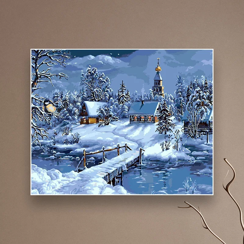 Краска, живопись маслом по номерам, пейзаж, Зимний снег, сцена, сделай сам, акриловая раскраска, искусство, холст, Настенная картина для гостиной, для взрослых, рисунок