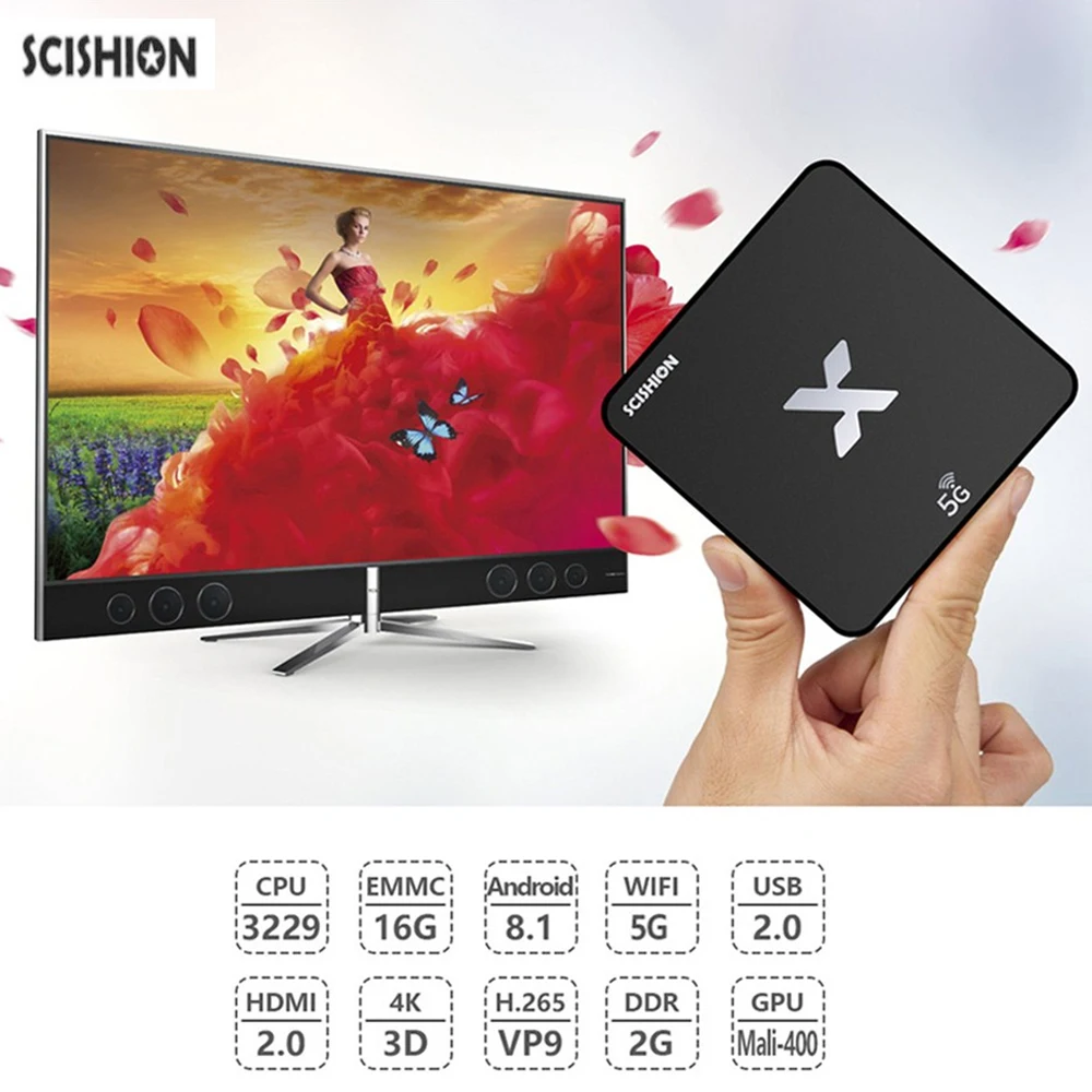 SCISHION модель X 4 K Smart tv Box Android 8 1 Rockchip3229 2 Гб 16 5 г WiFi 100 Мбит/с H.265 телеприставка PK MAGICSEE