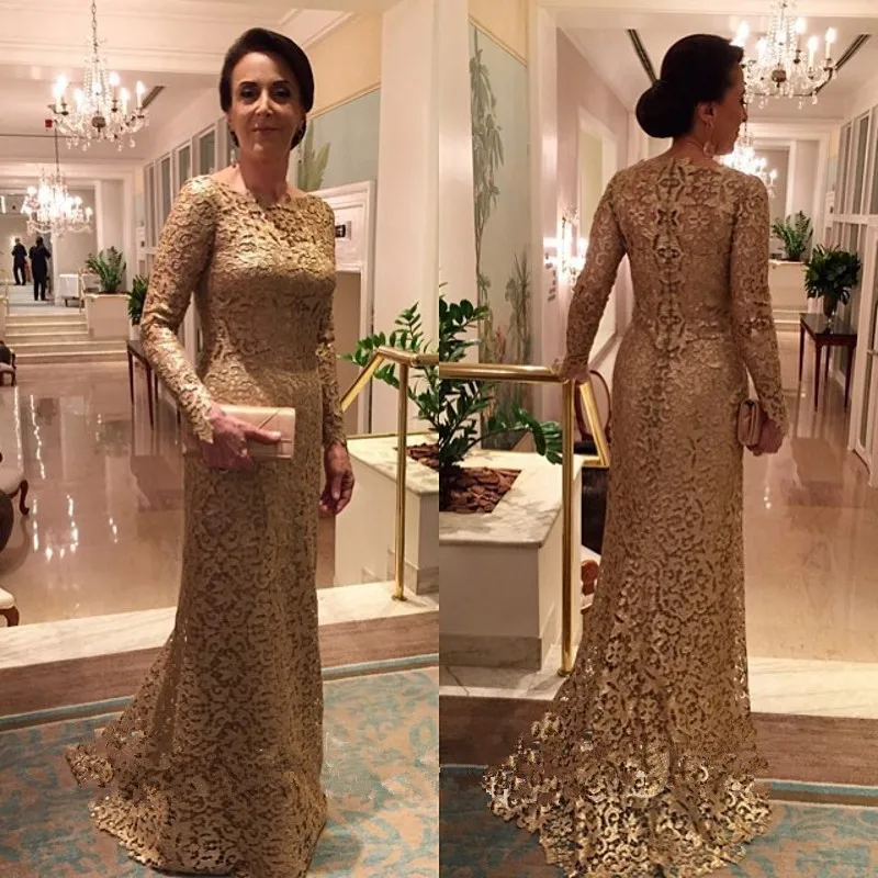 ELegant Long Sleeves Gold Lace Mother Dresses For Wedding Top Quality Women Formal Maxi Gowns Of Brides | Свадьбы и торжества