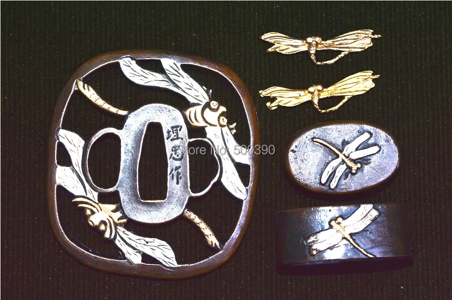 COPPER TSUBA MENUKI FUCHI KASHIRA W DRAGONFLY FITTING FOR JAPANESE SWORD KATANA ACCESSORIES | Дом и сад
