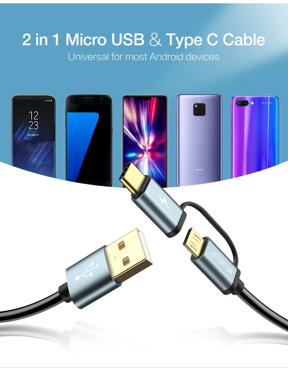 RAXFLY 2 в 1 USB C QC3.0 type C кабель для Xiaomi Redmi Note 7 Быстрая Зарядка Весна usb type C Micro USB кабель для samsung S10