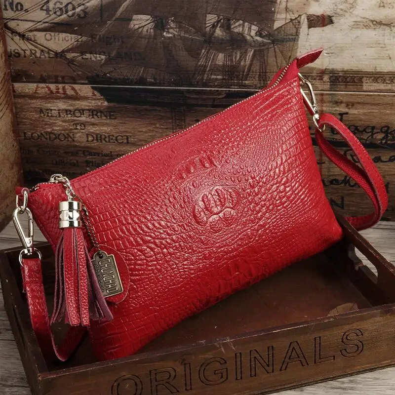 Сумочка клатч из крокодила сумка Мода повседневное корейский Crossbody Кожа Большой ёмкость кисточкой - Цвет: Красный