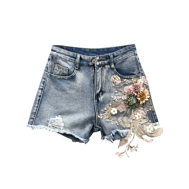 Летние повседневные корейские женские рваные джинсовые шорты с жемчужными