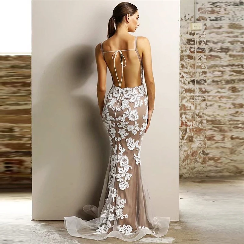 Новый Для женщин глубокий v образным вырезом белое кружевное платье с ремешком