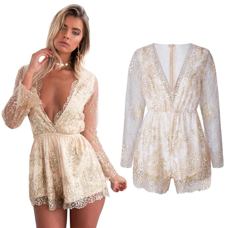 HIRIGIN Для женщин прозрачные рукава блестками вечерние короткие Cocktail Bling сексуальные комбинезоны