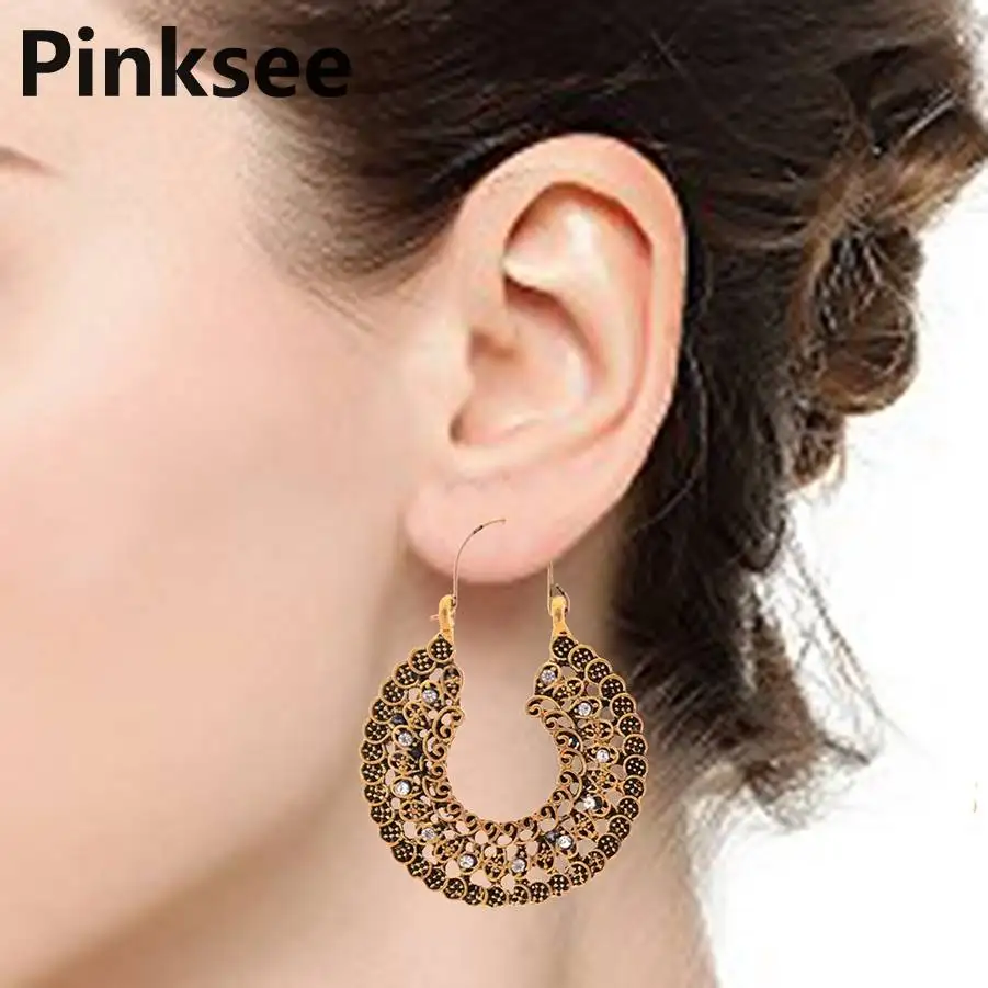 1 Pair Indian Brass Tribal Hollow Flower Spiral Drop Earring Big Charming Circle Jewelry Geometric Hanging Dangle Ear Piercing | Украшения