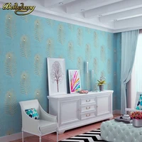 beibehang peacock blue feather bedroom living room TV background embroidery wallpaper Continental 3D drilling non - woven