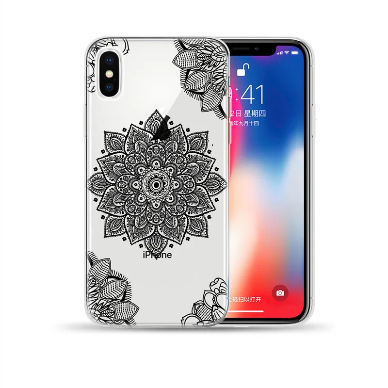 Черный сексуальный цветочный ТПУ чехол для iPhone XR XS Max 5 5S SE X 6 6S 7 8 Plus Мандала