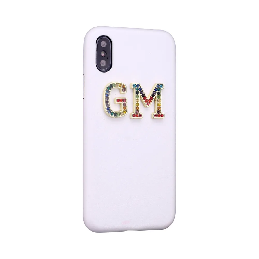 White Leather Case Стразы, бриллианты, кристалл, металл, индивидуальные инициалы для iPhone 11 Pro 6S XS Max XR 7 7Plus 8 8Plus X, гладкий тонкий кожаный чехол - Цвет: White Leather Case