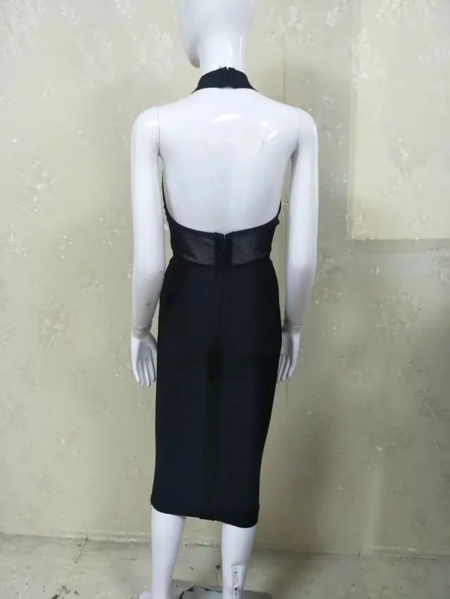 Женщины без рукавов спинки до колена Длина Холтер Черный район Bodycon бинты Dress