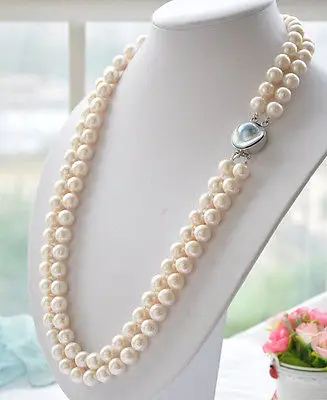 

Elegant 2 row 9-10mm white akoya round white PEARL necklace mabe 19-20 inch AAA