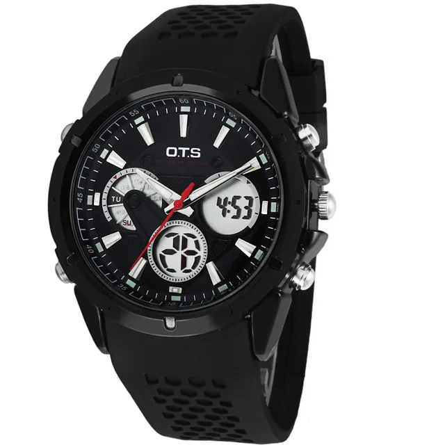 OTS спортивные часы dual time Авто Дата День светодиодный Будильник черный резиновый