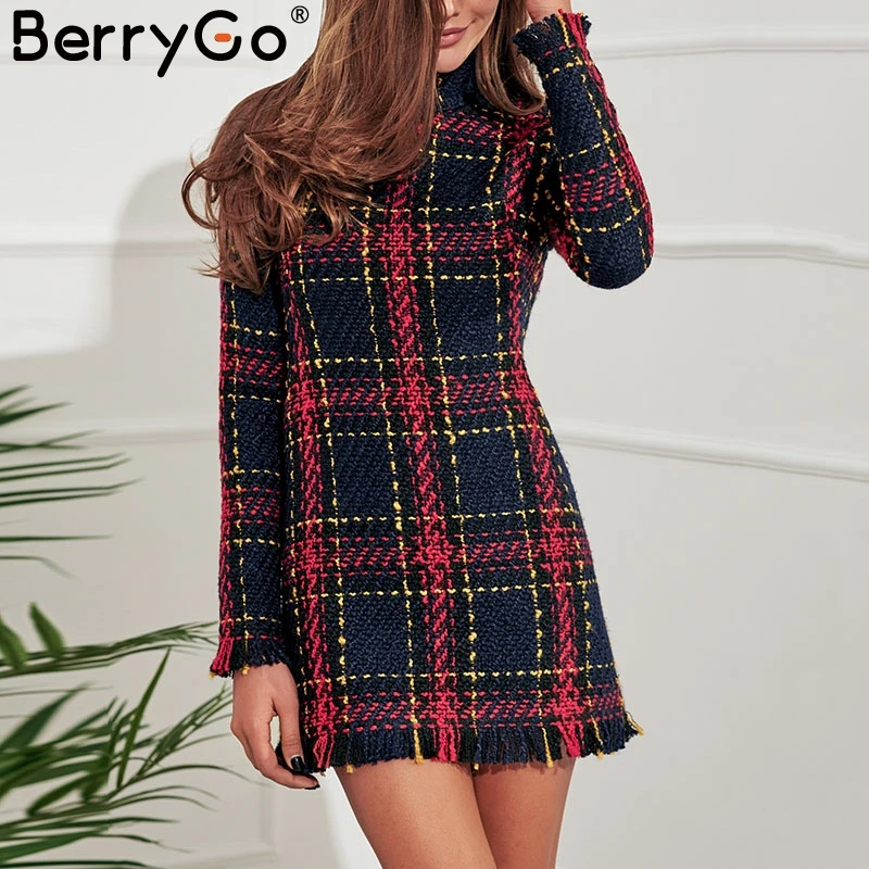 BerryGo элегантное клетчатое твидовое женское платье, зимнее офисное женское теплое рождественское платье с длинным рукавом, винтажные сексуальные осенние платья festa