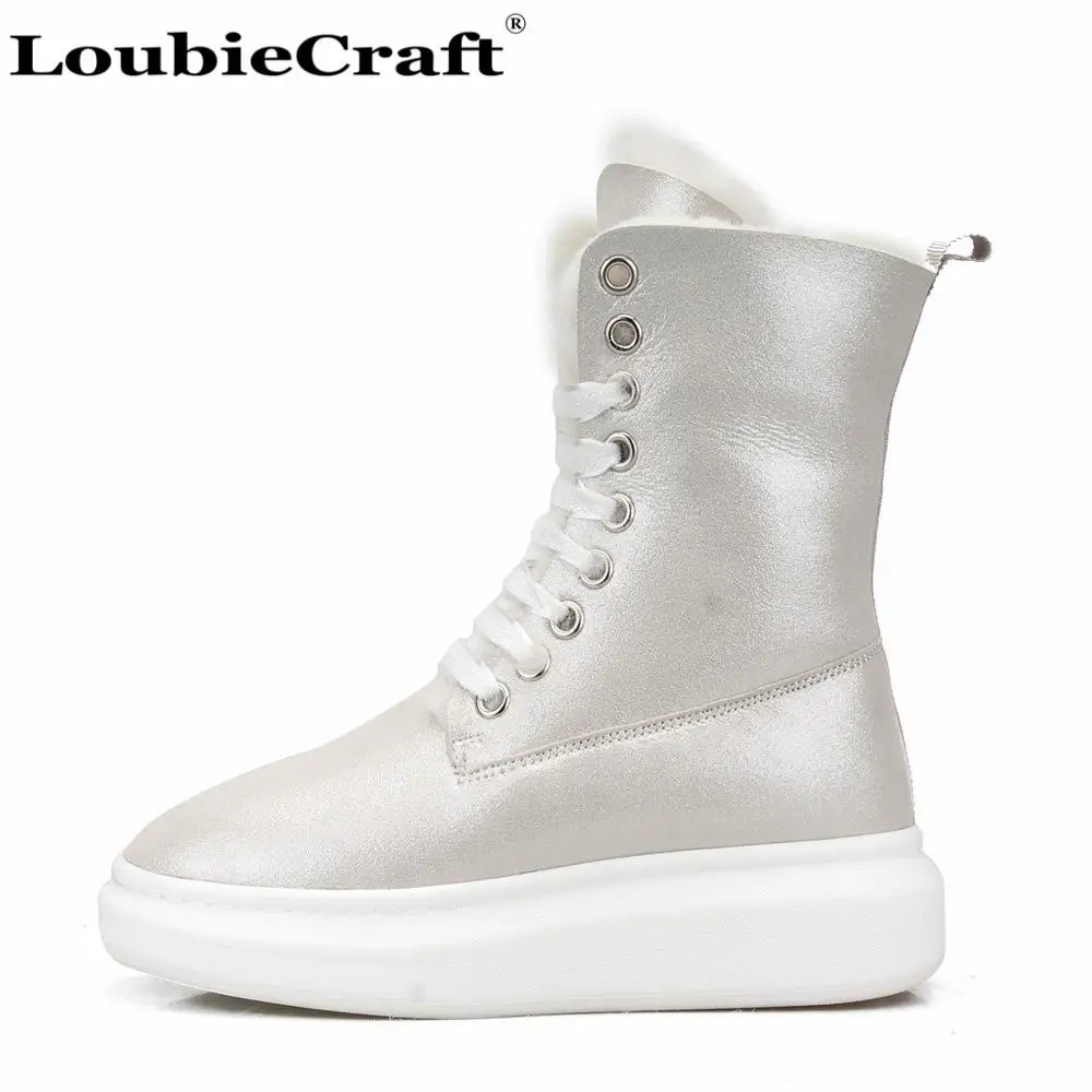 Pearly Silver Женские зимние ботинки из овечьей шерсти; зимние короткие ботинки на меху; повседневные ботинки черного цвета с жемчугом; модная обувь на толстой подошве со шнуровкой; Новинка года - Цвет: Pearly Silver