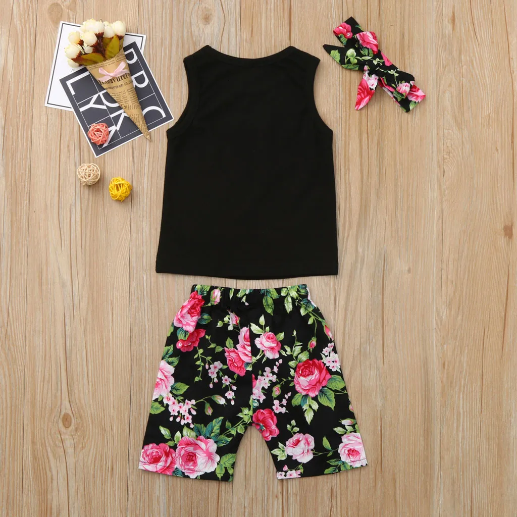 Children's wear set 2019 Toddler Baby Girl Letter Vest Tops+Floral Print Shorts+Headbands Set Outfit Spring summer | Детская одежда