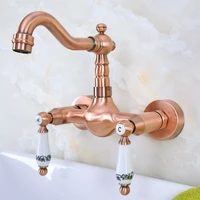 antique red copper brass bathroom kitchen sink faucet mixer tap swivel spout wall mounted dual ceramic levers handles mnf950
