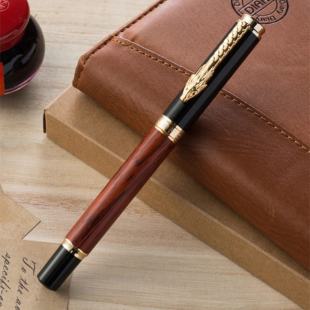Натуральное дерево перьевая ручка Jinhao 8802 Golden Dragon зажим ретро ручка канцелярские товары, превосходный набор в подарочной коробке