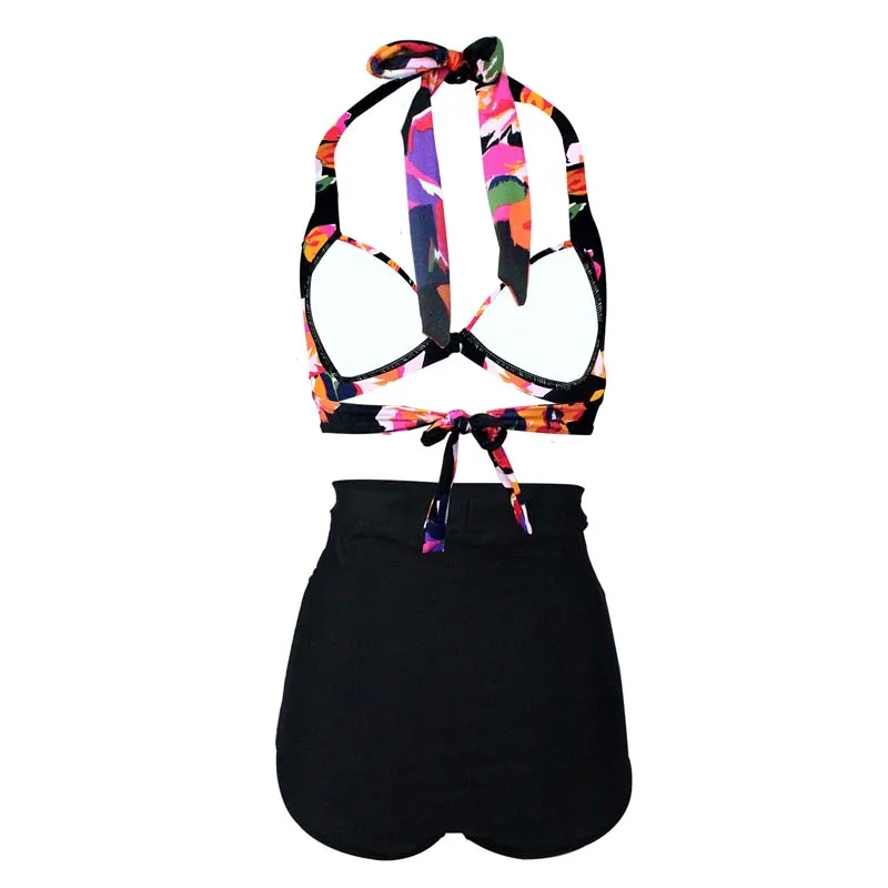 

New US Size Plus Size 50s Retro Halter Bikinis set Floral Print Swimsuit Bathing Suit Women Vintage Ruched High Waisted Swimwear