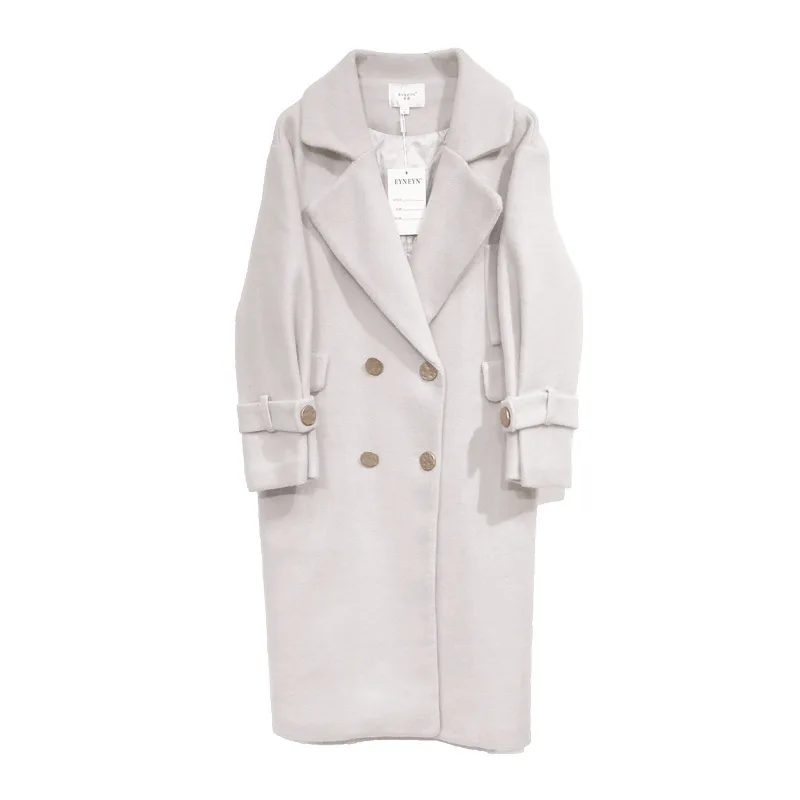 Office Lady Slim Women Long Wool Blend Coat Double Breasted Cashmere Jacket Turn-down Collar Ladies Coats | Женская одежда