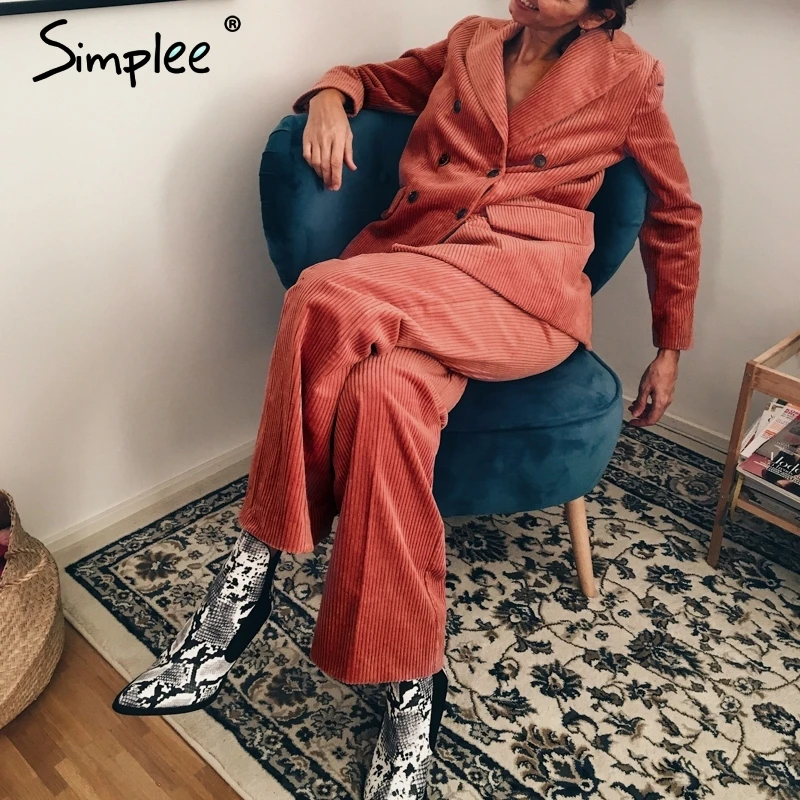 Simplee Повседневный двубортный Женский блейзер с отложным воротником вельветовый