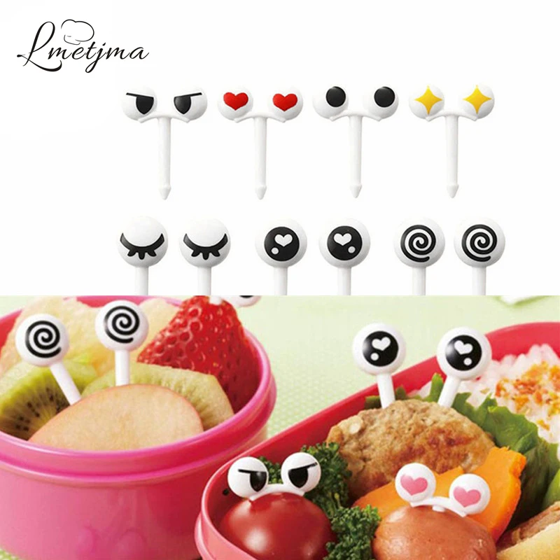 LMETJMA 10 шт./компл. Kawaii Eyes набор вилок для фруктов PP выбор еды Шпажки для фруктов для детей бенто ланч бокс десерт вилка PYBII011602