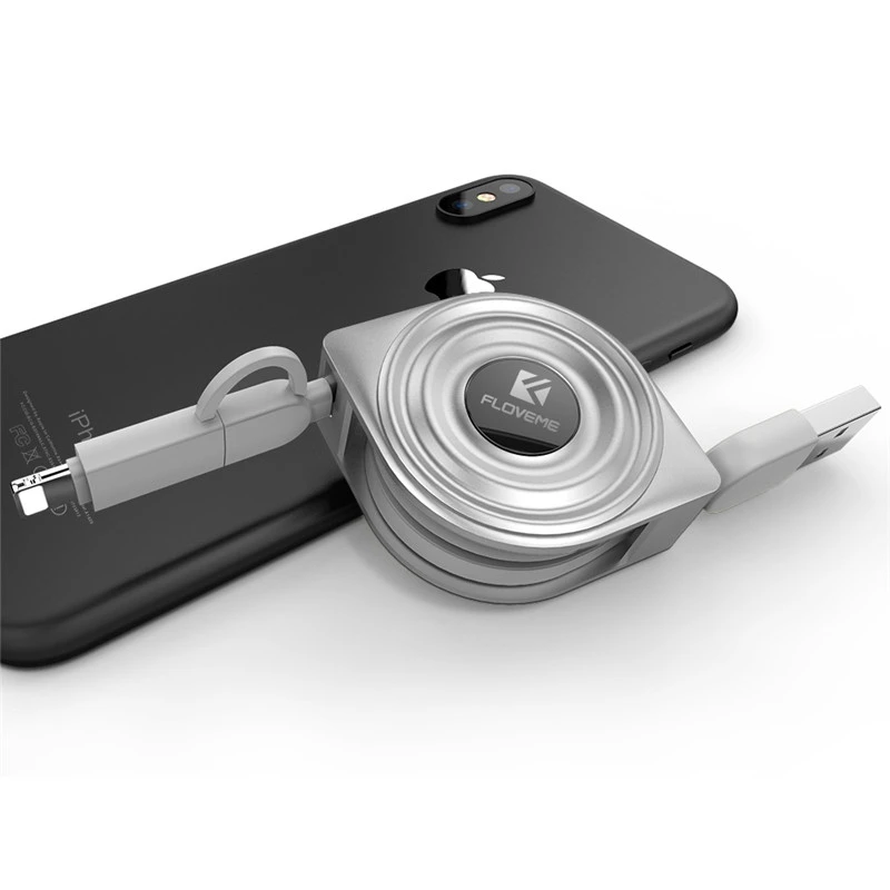 Gray FLOVEME USB кабель 2 в 1 Выдвижной для мобильного телефона кабель Micro USB кабель для iPhone X 8 7 Plus 6 для samsung кабель - Цвет: Gray