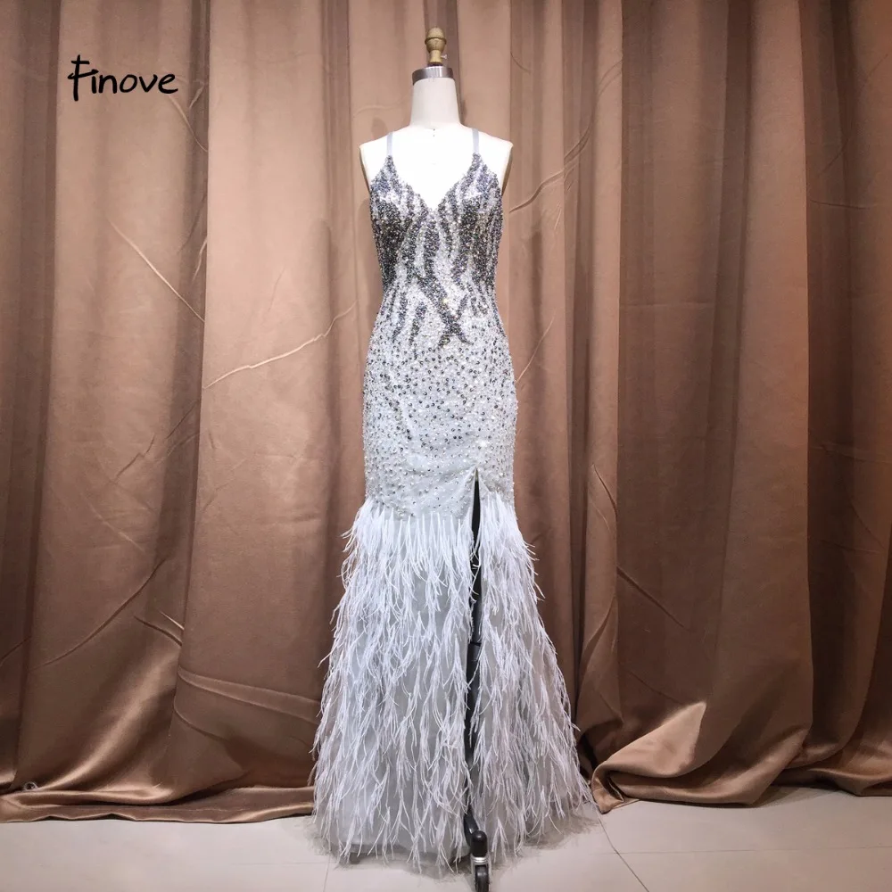 Finove Evening Dress 2019 New Design Spaghetti Strap Long With Beaded Feather Backless Elegant Gowns Party for Woman | Свадьбы и