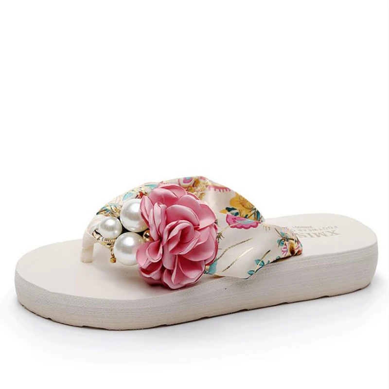 Шлепанцы женские с цветами ручной работы пляжные сандалии на плоской подошве