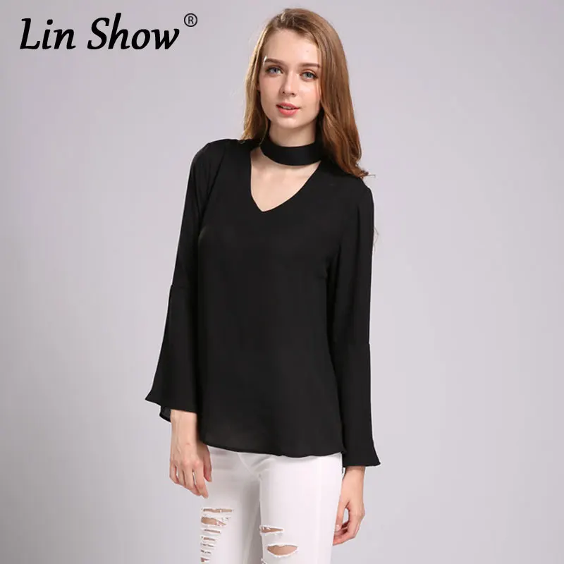 LINSHOW Колье Hollow V образным Вырезом Женщин Топы И Блузки Женские С Длинным Рукавом