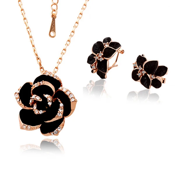 rose gold black 2 Модный набор эмалированных ювелирных украшений с цветком розы, цвета розового золота, с черной росписью, свадебные комплекты украшений для женщин, свадебные 82606 - Окраска металла: rose gold black 2