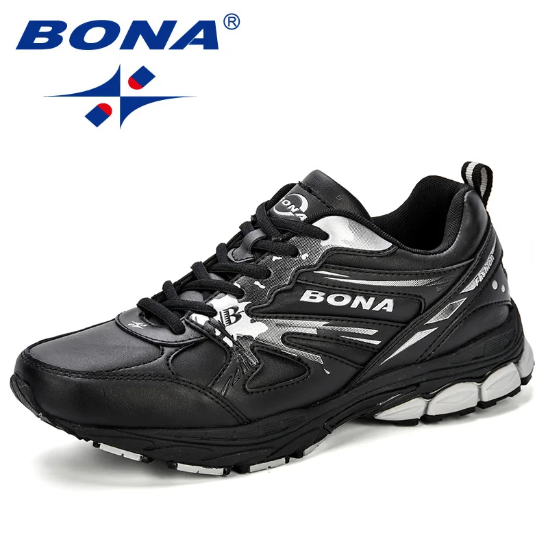 Black silver gray BONA/Новинка; дизайнерская обувь для фитнеса и прогулок; обувь для бега; Мужские дышащие кожаные кроссовки; спортивная обувь; Мужская обувь для бега на открытом воздухе - Цвет: Black silver gray