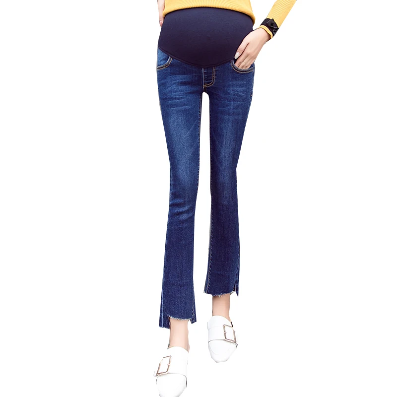 Goaryunve 2019 Spring New Pregnant Women Trousers Bootleg Tassel Hem Ankle-length Abdominal Pants Maternity Jeans with Pockets | Мать и
