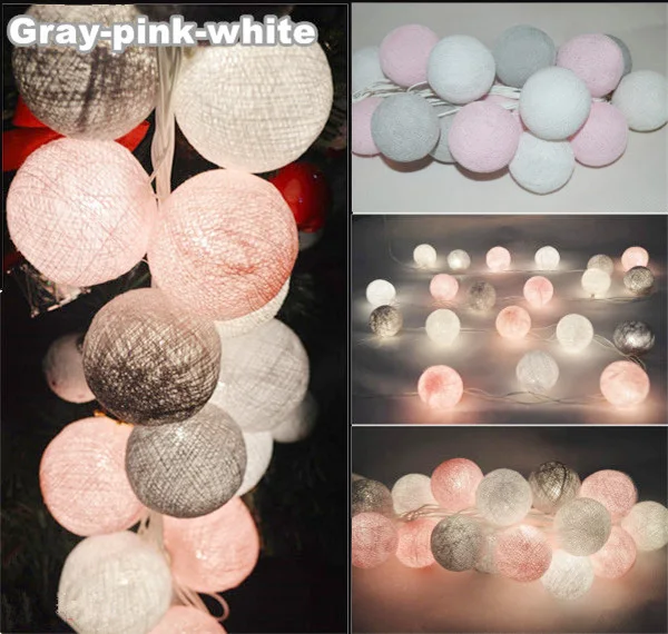 Gray pink white Тайский стиль хлопковый шар гирлянды фея, Свадьба Рождество Патио Декор Детская лампа Таиланд ручной работы батарея AC plug in - Цвет: Gray pink white
