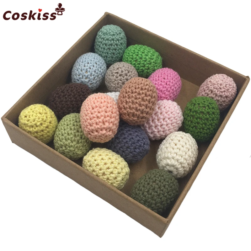 Cuentas de madera para dentici&oacute;n de beb&eacute;, mordedor artesanal de color arco&iacute;ris de ganchillo, Bola de punto de 25x20mm (0,98X0, 79 pulgadas) para collar de dentici&oacute;n de beb&eacute;, decoraci&oacute;n-4
