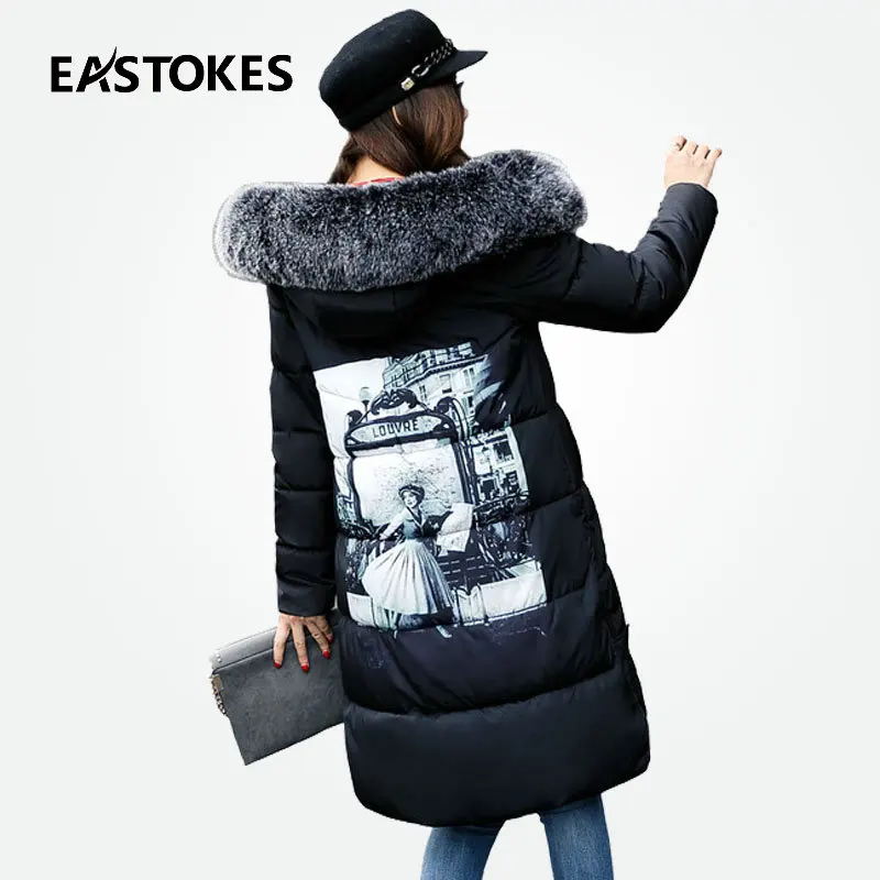 Для женщин зимние пальто с модный принт Женская куртка капюшоном большой меховой