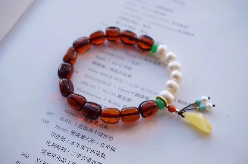 11x7.6mm Genuine Natural Yellow Amber And Pearl Bracelet With Pendant Women Stretch CrystalFashion Jewelry | Украшения и