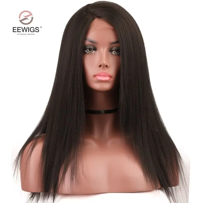 EEWIGS L часть яки прямой парик шнурка Glueless афро черный высокая температура волокна