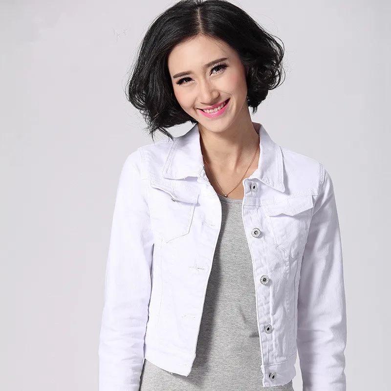 Женская джинсовая куртка однобортная белая ковбойская верхняя одежда весна 2019 |