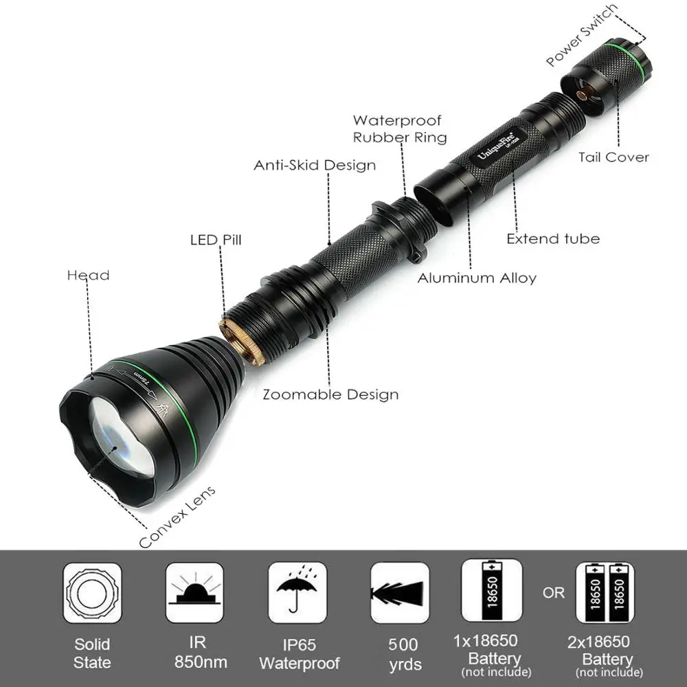 UniqueFire 1508 IR 850NM 75 мм выпуклая линза светодиодный фонарик инфракрасный свет ночного