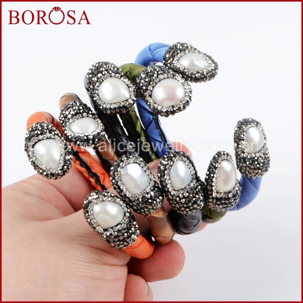 

5PCS Natural Pearl Bangles Boho Leather Adjustable Cuff Bracelets For Men Women Fashion Jewelry Gift Wholesale JAB894