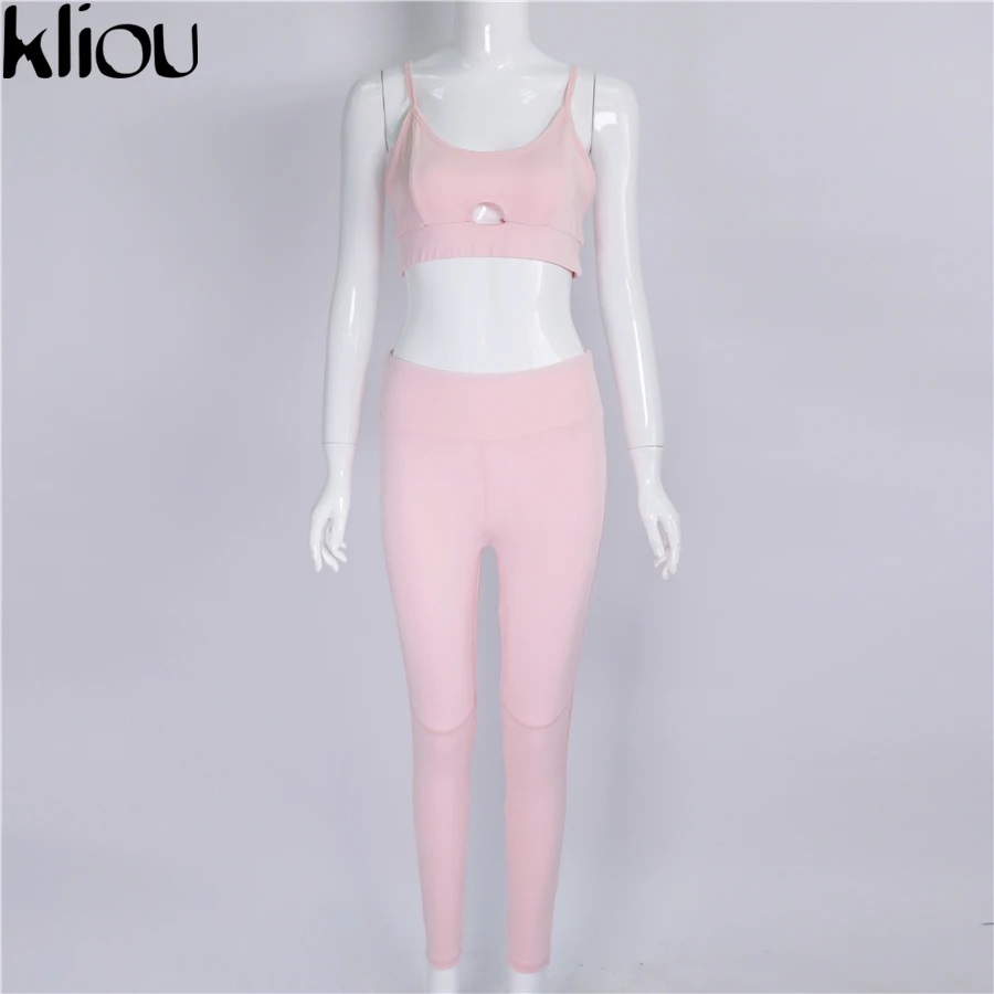 Kliou Женский эластичный облегающий однотонный комплект из 2 предметов укороченный топ на тонких бретелях с разрезом и длинные леггинсы штаны