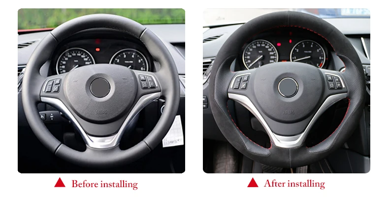 

Hand sewing custom Black Suede Black Leather Car Steering Wheel Cover for BMW X1 2014 2015