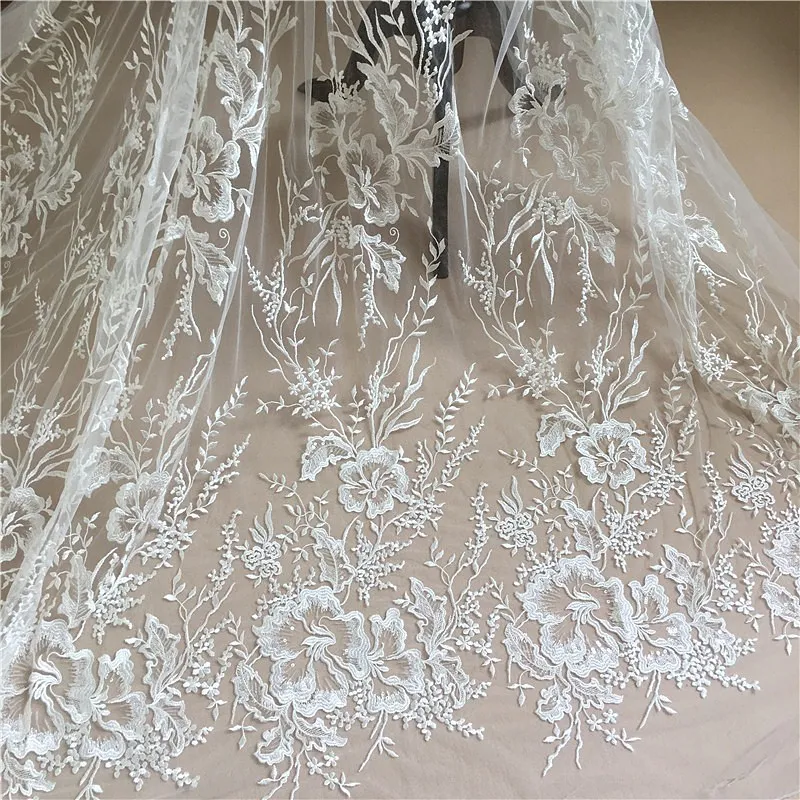 1 ярд качество прозрачный блесток Off White Тюль Цветочная вышивка кружевная ткань, свадебное платье фата Болеро ткань