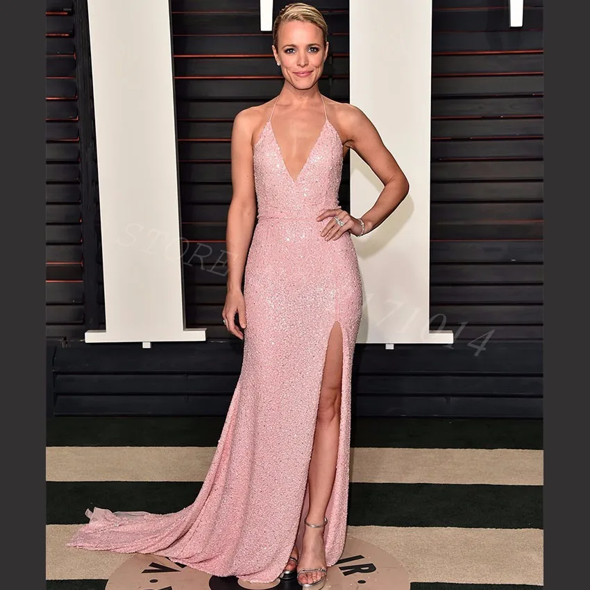 

Женское блестящее платье с блестками, длинное розовое платье с глубоким V-образным вырезом, разрезом сбоку, лямкой на шее и красной ковровой ...