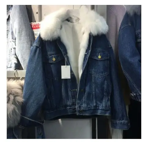 white fur no hloes Новинка, джинсовые куртки с натуральным лисьим мехом, женские парки, съемный воротник из натурального меха+ внутренняя часть из меха кролика, Женская куртка R66 - Цвет: white fur no hloes