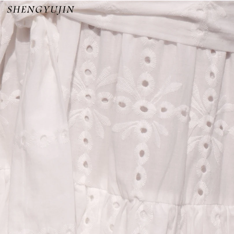SHENGYUJIN 2019 Сексуальная V образным вырезом выдалбливают Мини платье Белый Вышивка