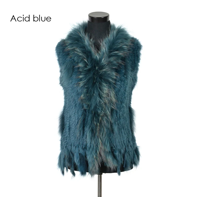 Acid blue VR001-17,, женский жилет из натурального кроличьего меха с воротником из меха енота, жилет/куртки из кроличьего меха - Цвет: Acid blue