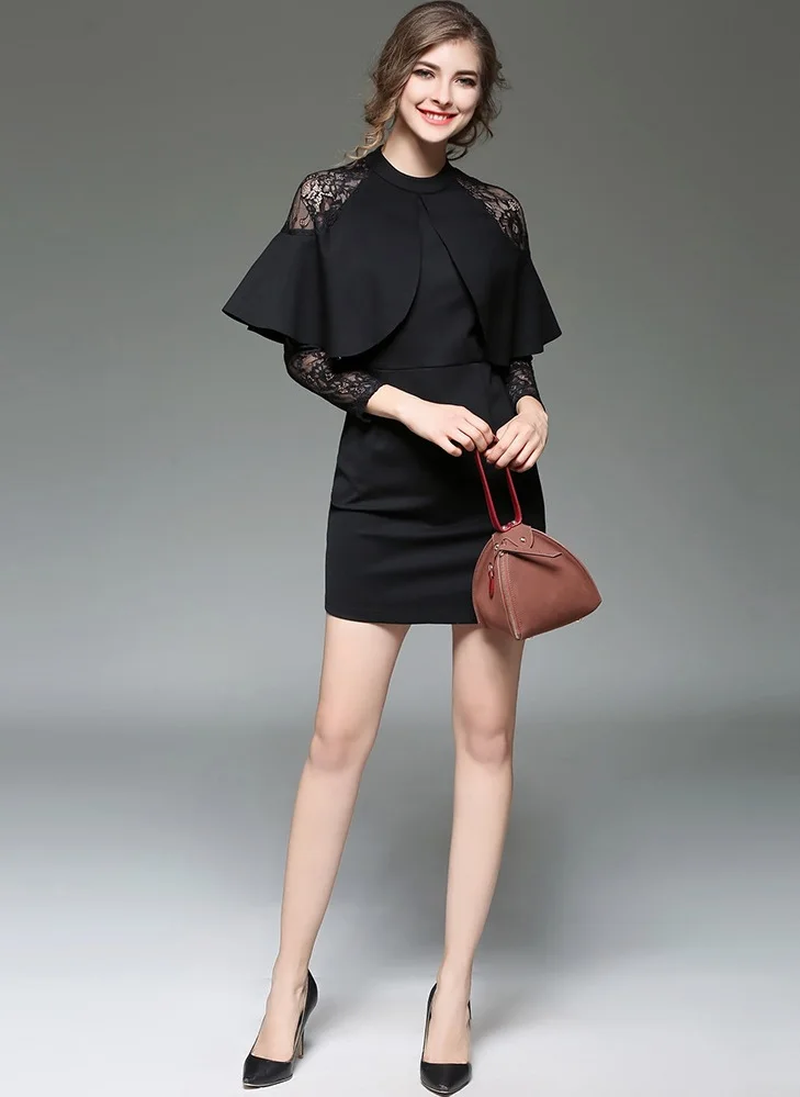 S-XL Женщины Весна Делопроизводство Dress Мода Slim О-Образным Вырезом Sexy Кружева